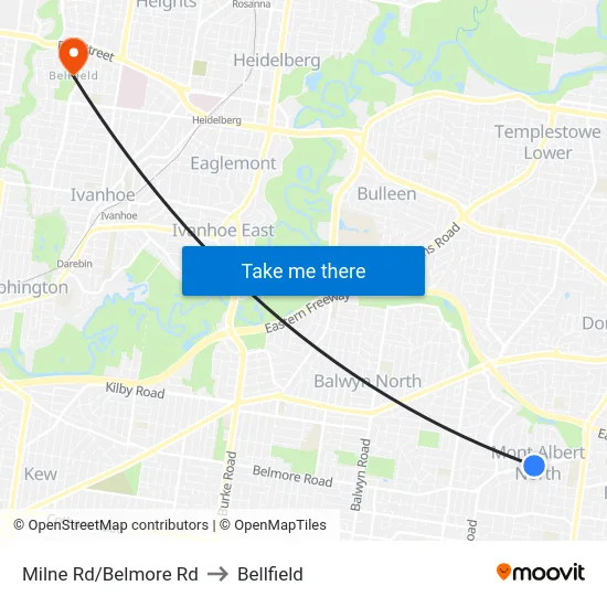 Milne Rd/Belmore Rd to Bellfield map