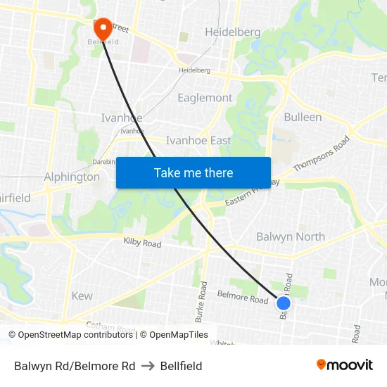 Balwyn Rd/Belmore Rd to Bellfield map