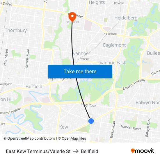 East Kew Terminus/Valerie St to Bellfield map