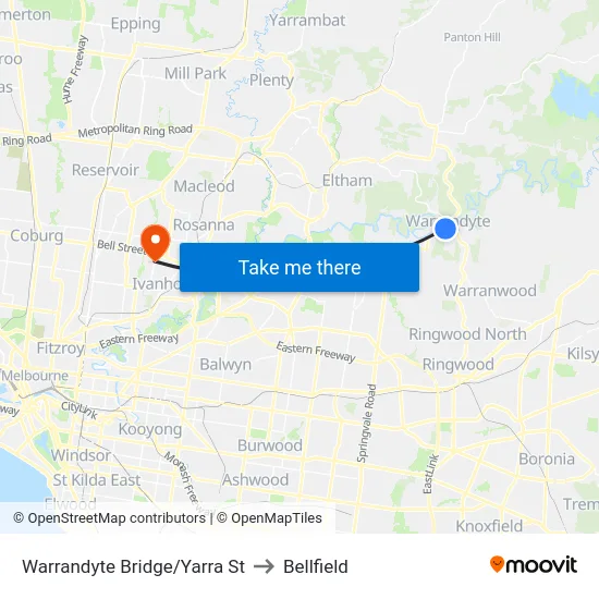 Warrandyte Bridge/Yarra St to Bellfield map