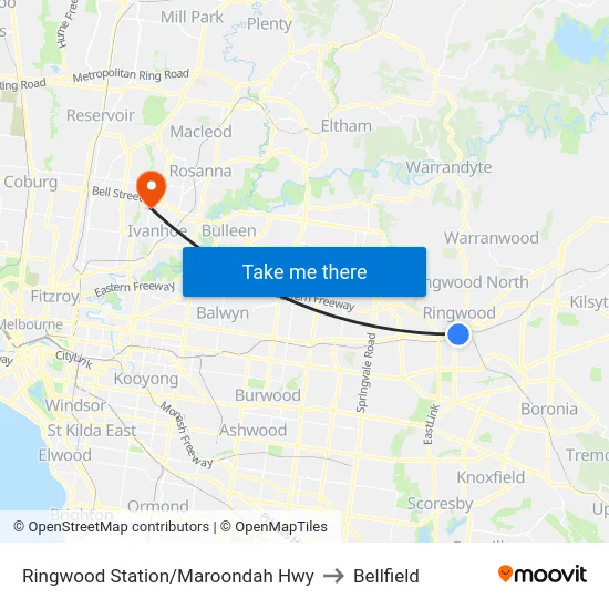 Ringwood Station/Maroondah Hwy to Bellfield map