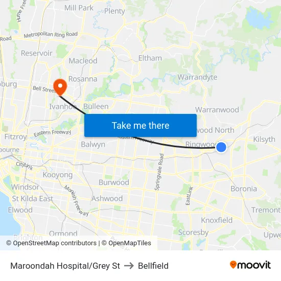 Maroondah Hospital/Grey St to Bellfield map