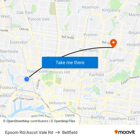 Epsom Rd/Ascot Vale Rd to Bellfield map