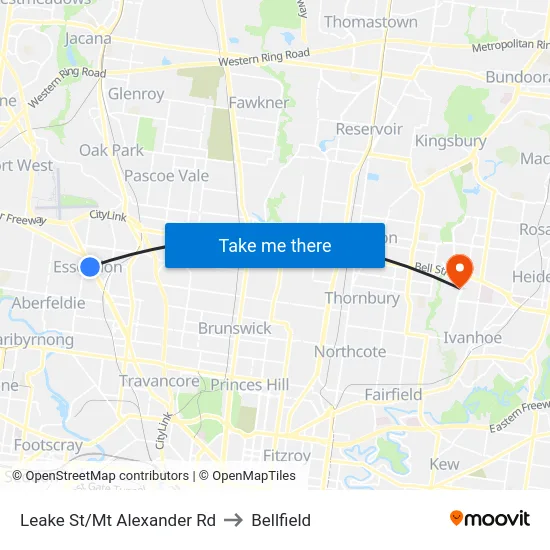 Leake St/Mt Alexander Rd to Bellfield map