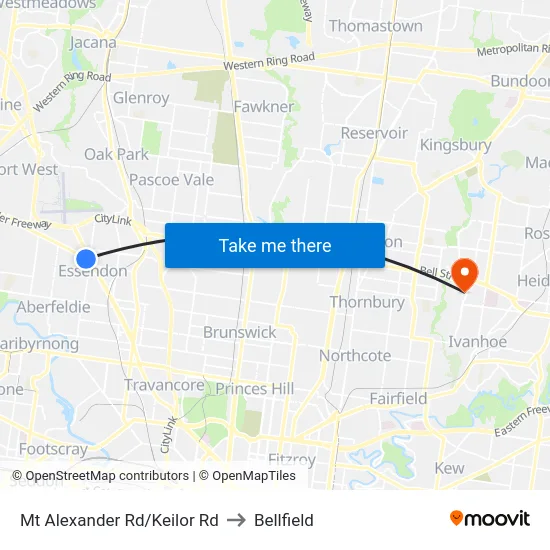 Mt Alexander Rd/Keilor Rd to Bellfield map