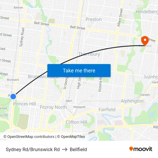 Sydney Rd/Brunswick Rd to Bellfield map