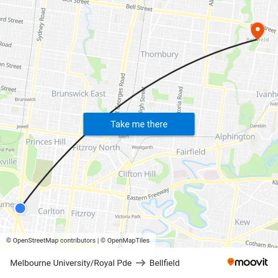 Melbourne University/Royal Pde to Bellfield map
