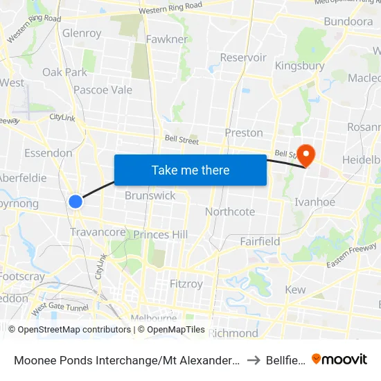 Moonee Ponds Interchange/Mt Alexander Rd to Bellfield map