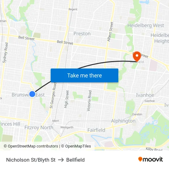 Nicholson St/Blyth St to Bellfield map