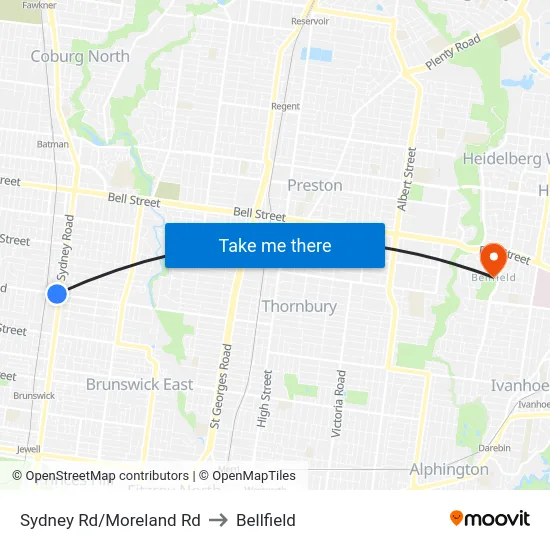 Sydney Rd/Moreland Rd to Bellfield map