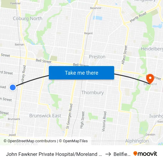 John Fawkner Private Hospital/Moreland Rd to Bellfield map