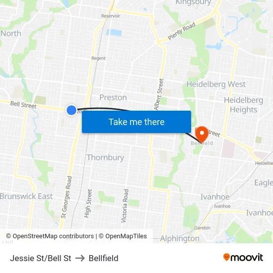 Jessie St/Bell St to Bellfield map