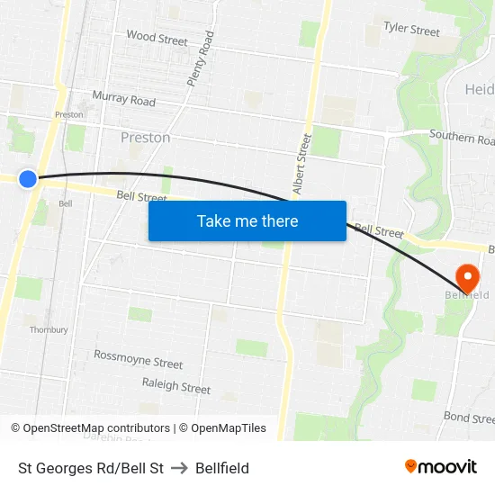St Georges Rd/Bell St to Bellfield map