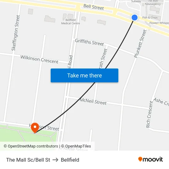 The Mall Sc/Bell St to Bellfield map