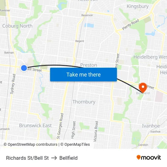 Richards St/Bell St to Bellfield map