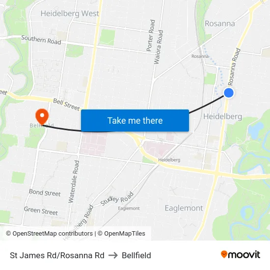 St James Rd/Rosanna Rd to Bellfield map