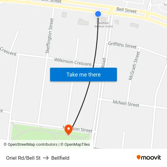 Oriel Rd/Bell St to Bellfield map