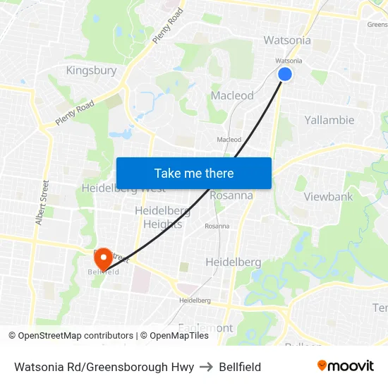 Watsonia Rd/Greensborough Hwy to Bellfield map