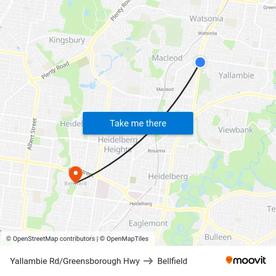 Yallambie Rd/Greensborough Hwy to Bellfield map