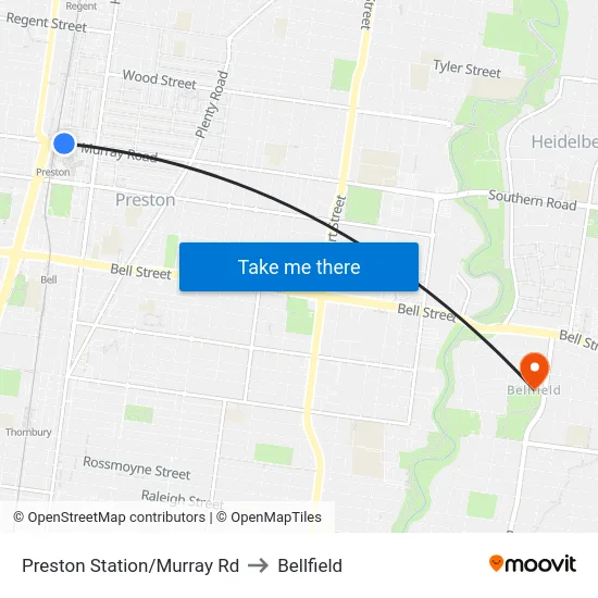 Preston Station/Murray Rd to Bellfield map