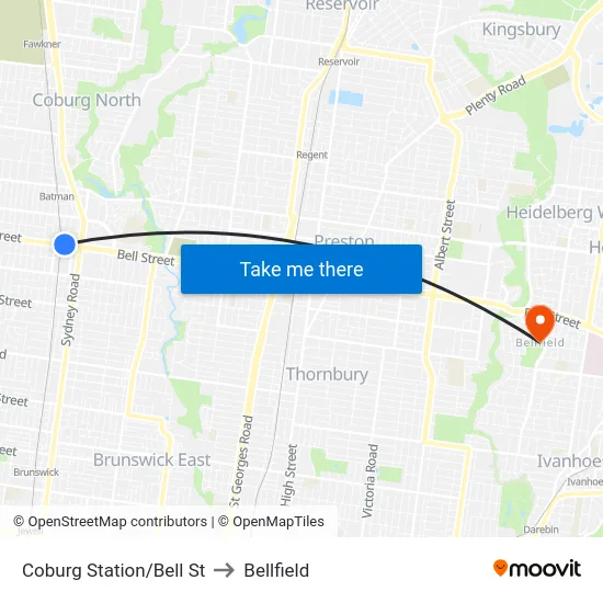 Coburg Station/Bell St to Bellfield map