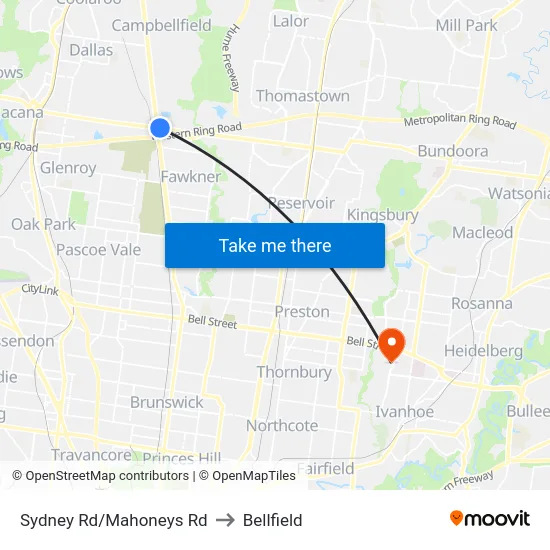 Sydney Rd/Mahoneys Rd to Bellfield map