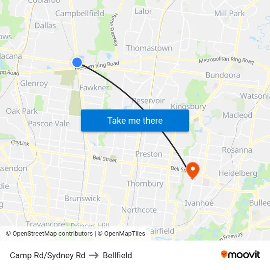 Camp Rd/Sydney Rd to Bellfield map