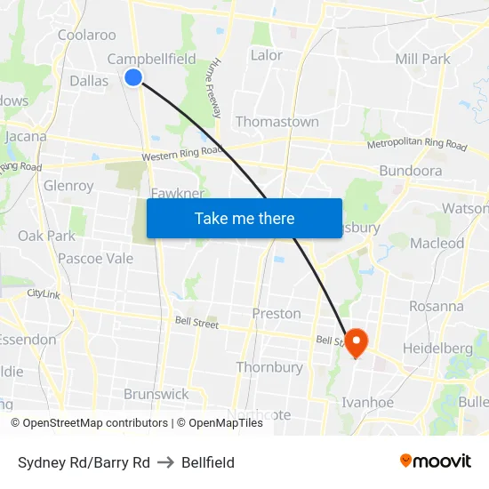 Sydney Rd/Barry Rd to Bellfield map