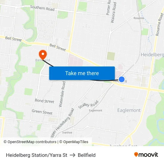 Heidelberg Station/Yarra St to Bellfield map