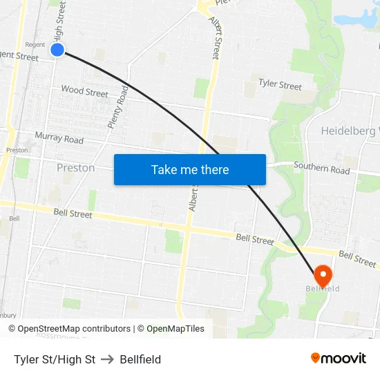 Tyler St/High St to Bellfield map
