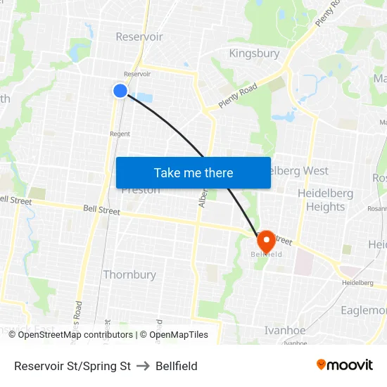 Reservoir St/Spring St to Bellfield map