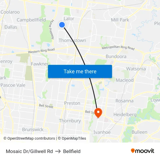 Mosaic Dr/Gillwell Rd to Bellfield map
