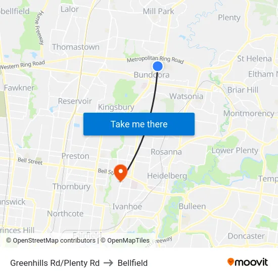 Greenhills Rd/Plenty Rd to Bellfield map