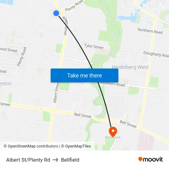 Albert St/Plenty Rd to Bellfield map