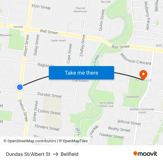 Dundas St/Albert St to Bellfield map