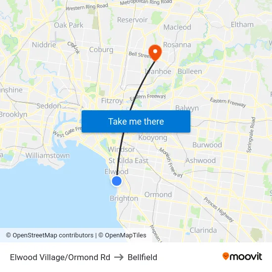 Elwood Village/Ormond Rd to Bellfield map