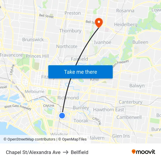 Chapel St/Alexandra Ave to Bellfield map
