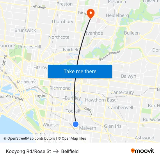 Kooyong Rd/Rose St to Bellfield map