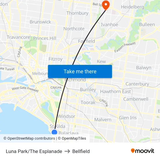 Luna Park/The Esplanade to Bellfield map