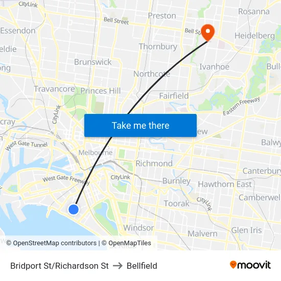 Bridport St/Richardson St to Bellfield map