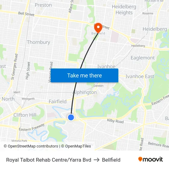 Royal Talbot Rehab Centre/Yarra Bvd to Bellfield map