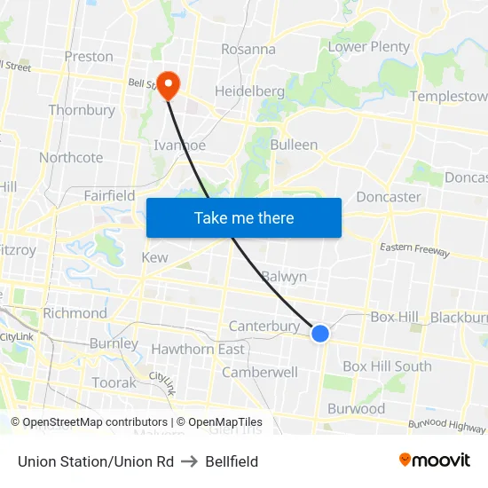 Union Station/Union Rd to Bellfield map