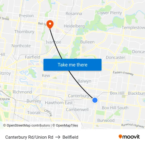Canterbury Rd/Union Rd to Bellfield map