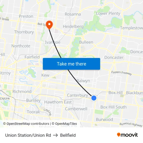 Union Station/Union Rd to Bellfield map
