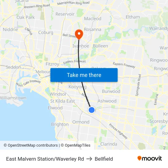 East Malvern Station/Waverley Rd to Bellfield map