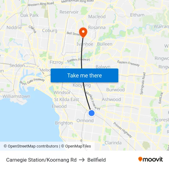 Carnegie Station/Koornang Rd to Bellfield map
