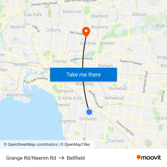 Grange Rd/Neerim Rd to Bellfield map