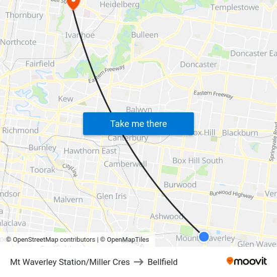 Mt Waverley Station/Miller Cres to Bellfield map