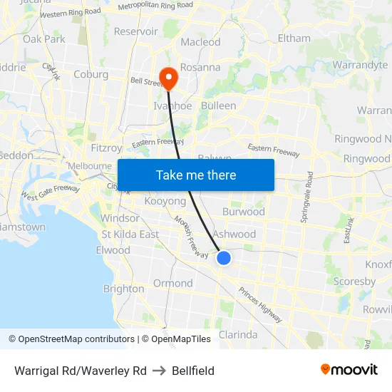Warrigal Rd/Waverley Rd to Bellfield map