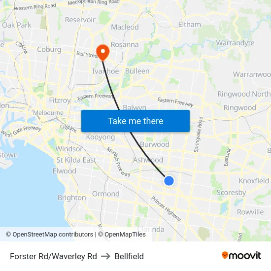 Forster Rd/Waverley Rd to Bellfield map